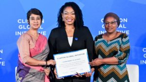24 Sept 2025 - Alice Wairimu Nderitu (left) sharing the Aegis Trust's Clinton Global Initiative 2025 commitment to open the Isōko Centre for Humanity in 2028