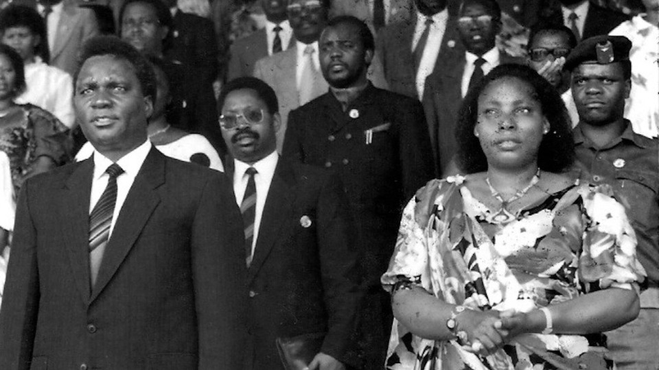 Agathe Habyarimana - right - with President Habyarimana and regime officials