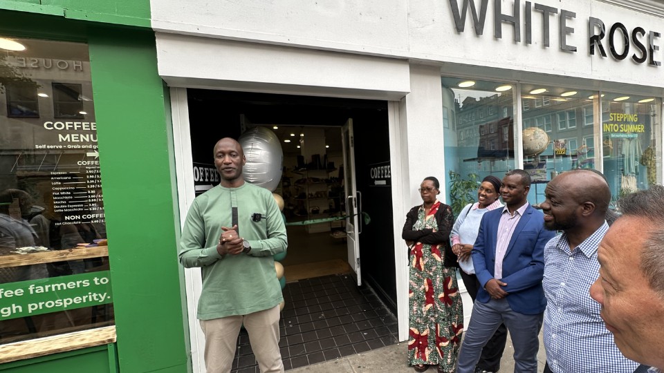 Geoffrey Bungeri speaks at opening of first Coffee Farm cafe Nottingham 16 June 2026